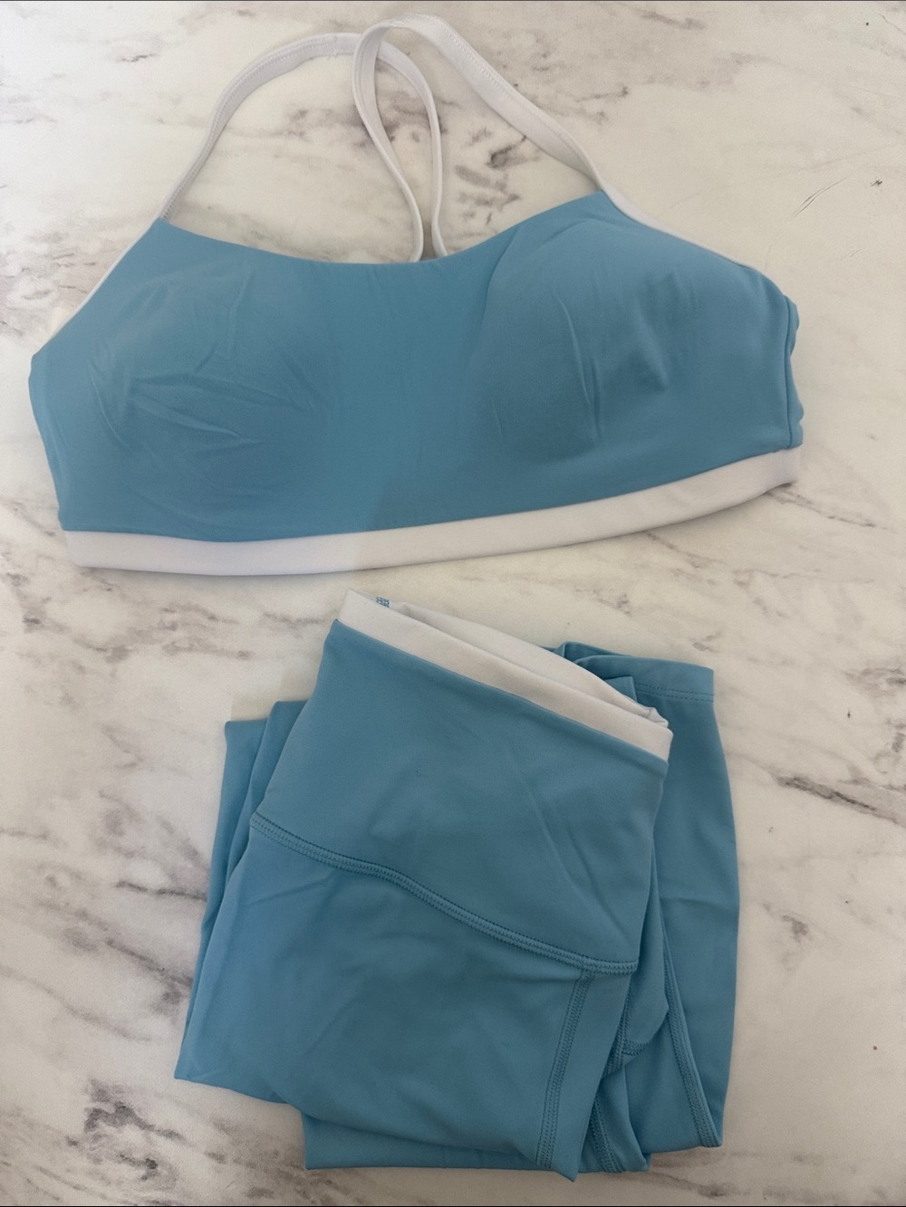 All in Motion Light Blue Sports Bra and Leggings Set with White Trim